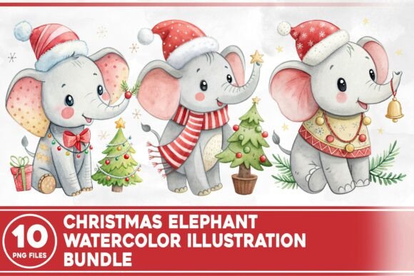 Christmas Elephant Watercolor Bundle: Whimsical Illustrations