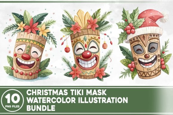 Christmas Tiki Mask Watercolor Bundle: Illustrations Review