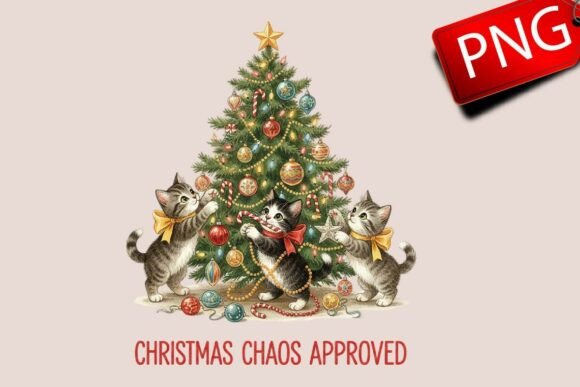 Christmas Tree Vintage Cat PNG: Illustrations for Crafters