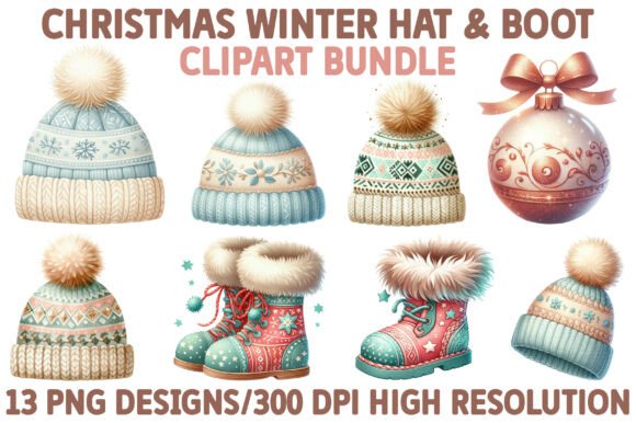 Christmas Winter Hat Boot Clipart Set: Illustrations