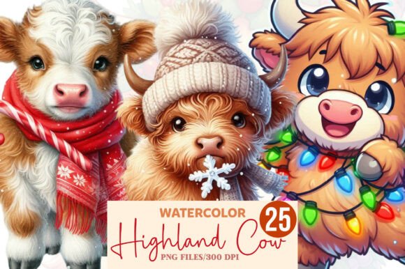 Cute Highland Cow Christmas Clipart Set: Illustrations