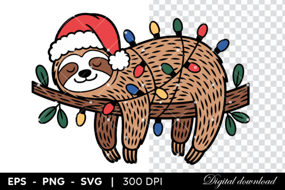 Cute Sloth Sleeping with Christmas Light Illustrations