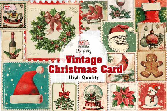Vintage Christmas Card PNG: Illustrations for Design