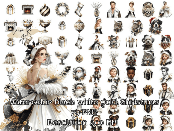 Watercolor Black White Gold Christmas Illustrations