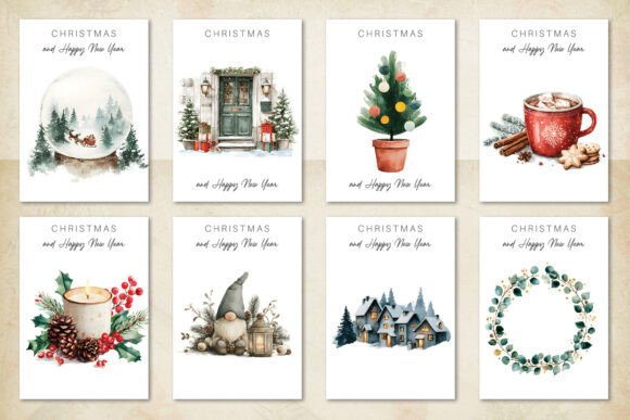 Watercolor Christmas Cards PNG: Editorial Illustrations
