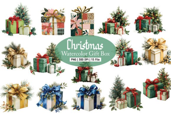 Watercolor Christmas Gift Box PNG for Illustrations